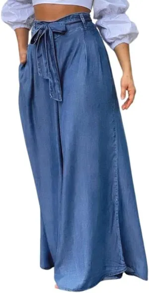 Women's Casual Tie Knot Wide Leg Jean Trousers Flowy Culottes High Waist Dressy Denim Pants with Pockets