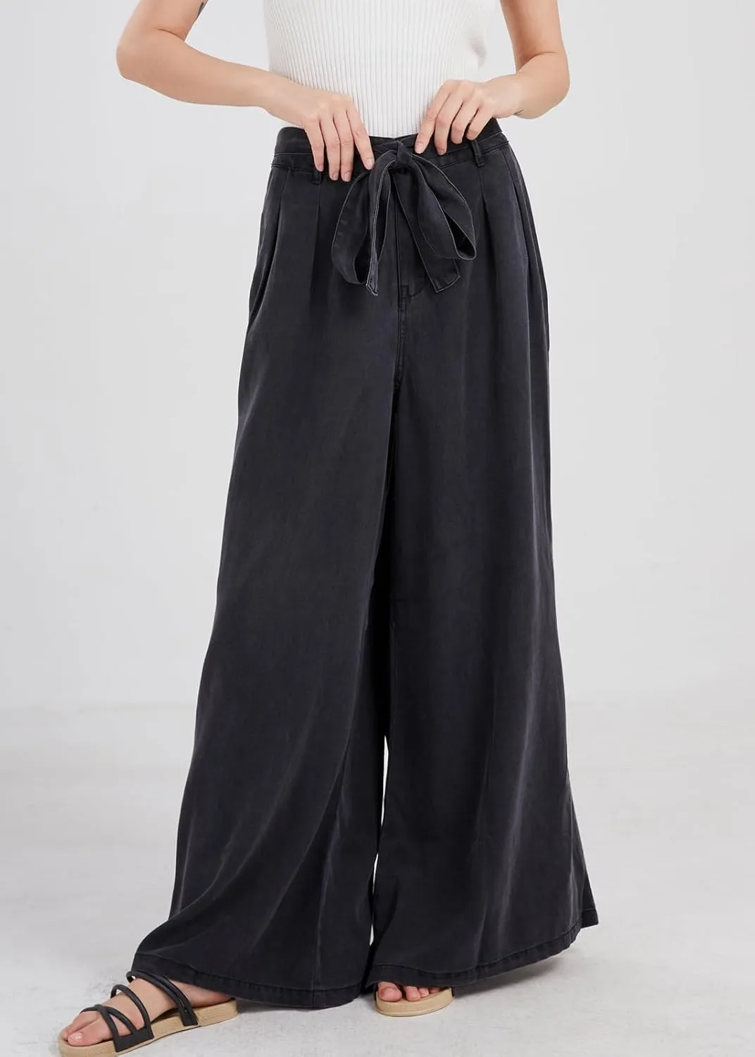Women's Casual Tie Knot Wide Leg Jean Trousers Flowy Culottes High Waist Dressy Denim Pants with Pockets