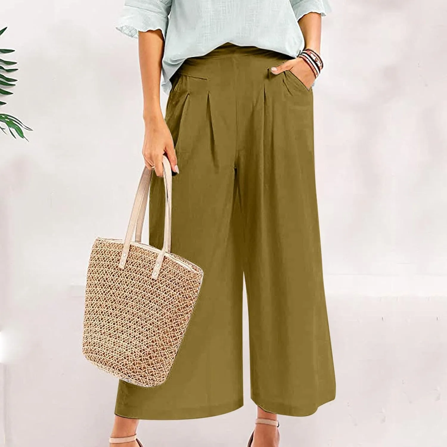 Women's Culottes Linen Blend Wide Leg Pants Elastic Waist Casual Palazzo Pants Soft Lounge Beach Trousers with Pocket
