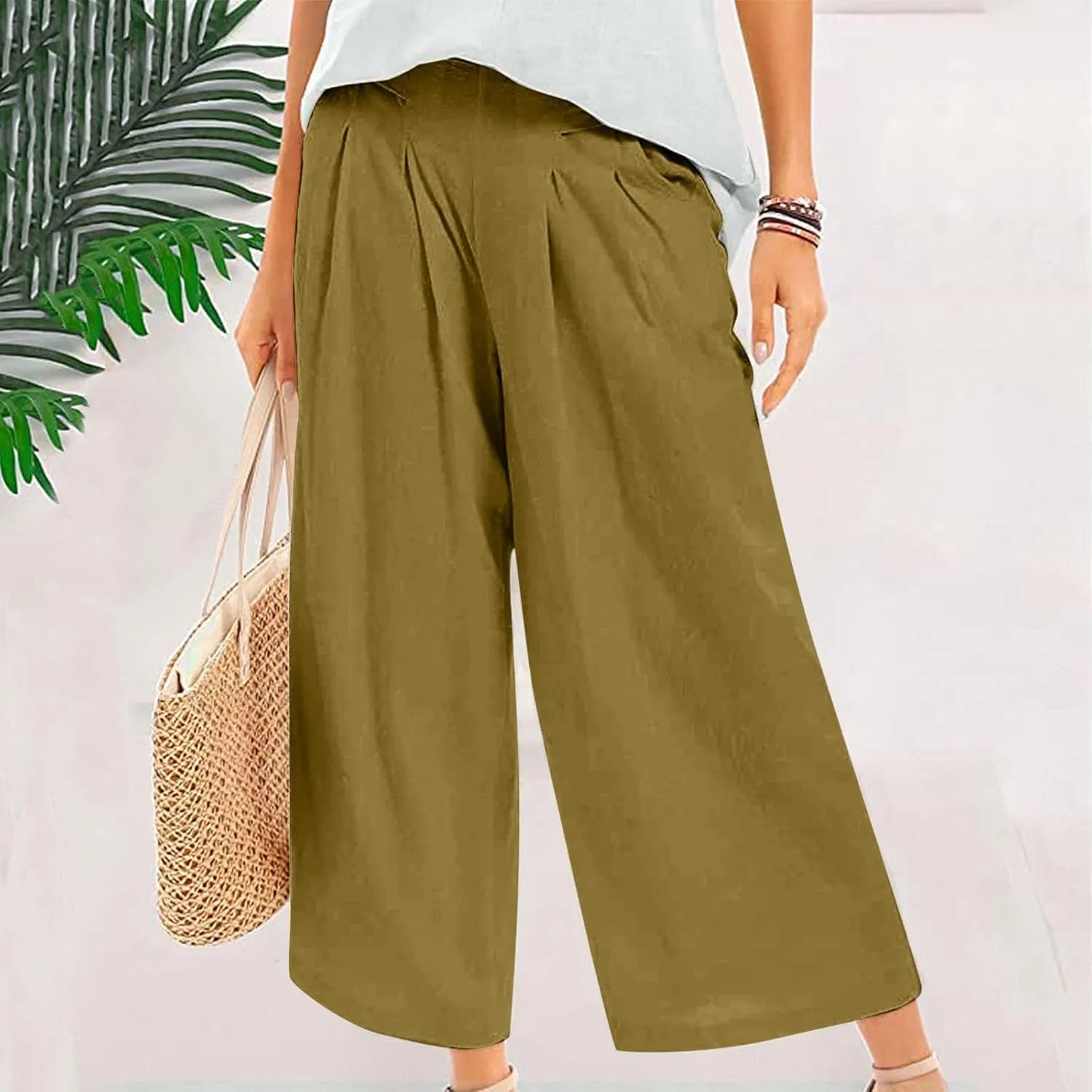 Women's Culottes Linen Blend Wide Leg Pants Elastic Waist Casual Palazzo Pants Soft Lounge Beach Trousers with Pocket