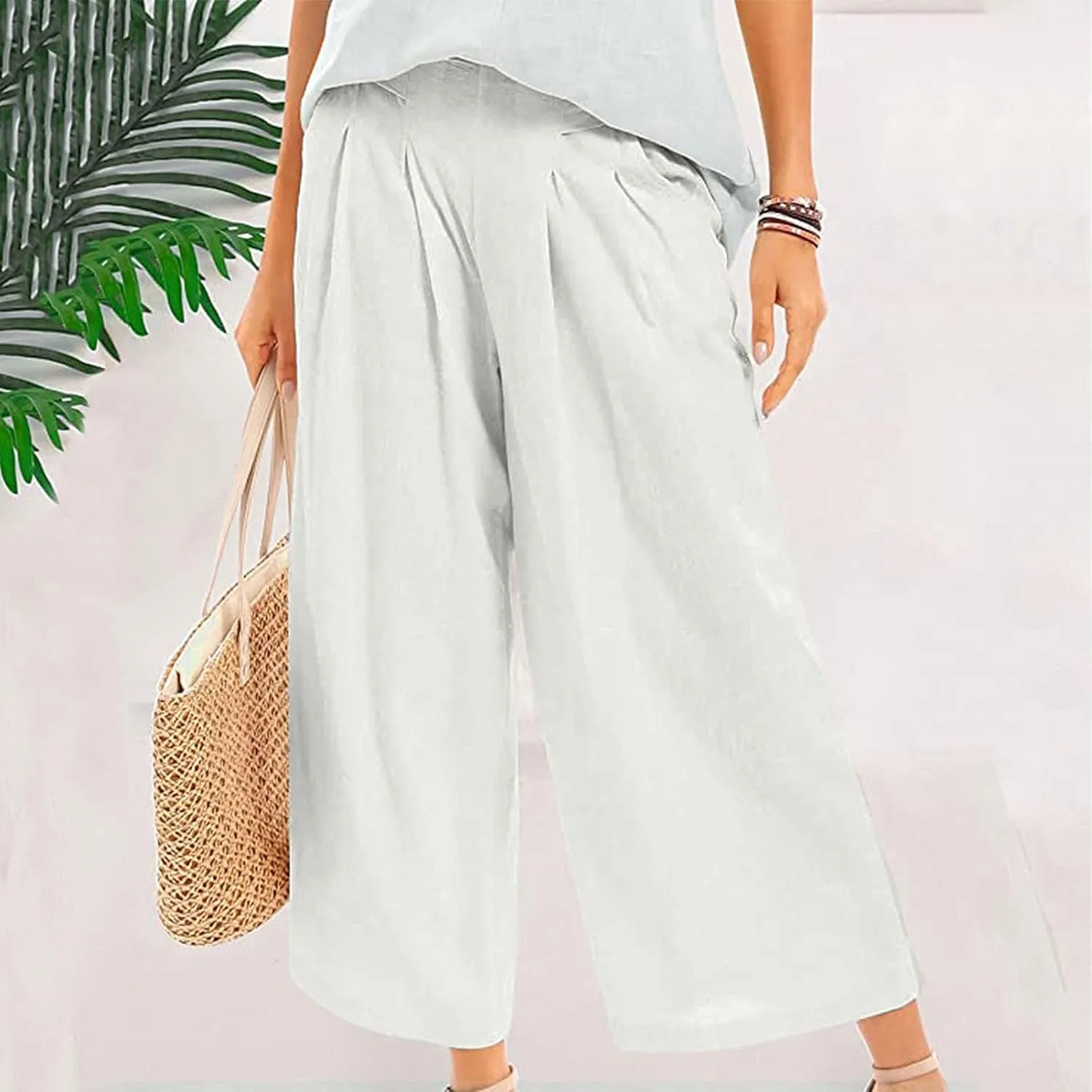 Women's Culottes Linen Blend Wide Leg Pants Elastic Waist Casual Palazzo Pants Soft Lounge Beach Trousers with Pocket