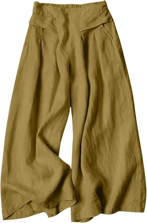 Women's Culottes Linen Blend Wide Leg Pants Elastic Waist Casual Palazzo Pants Soft Lounge Beach Trousers with Pocket