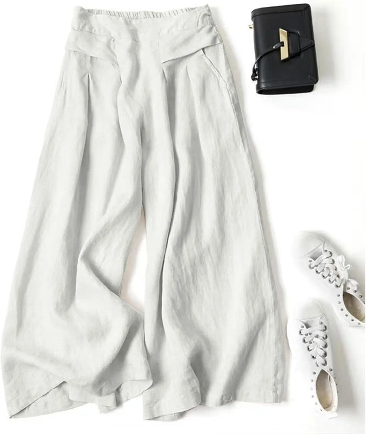 Women's Culottes Linen Blend Wide Leg Pants Elastic Waist Casual Palazzo Pants Soft Lounge Beach Trousers with Pocket