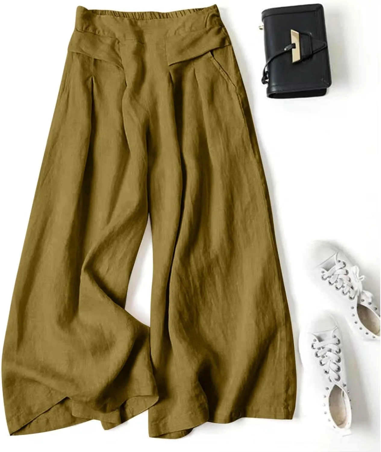 Women's Culottes Linen Blend Wide Leg Pants Elastic Waist Casual Palazzo Pants Soft Lounge Beach Trousers with Pocket