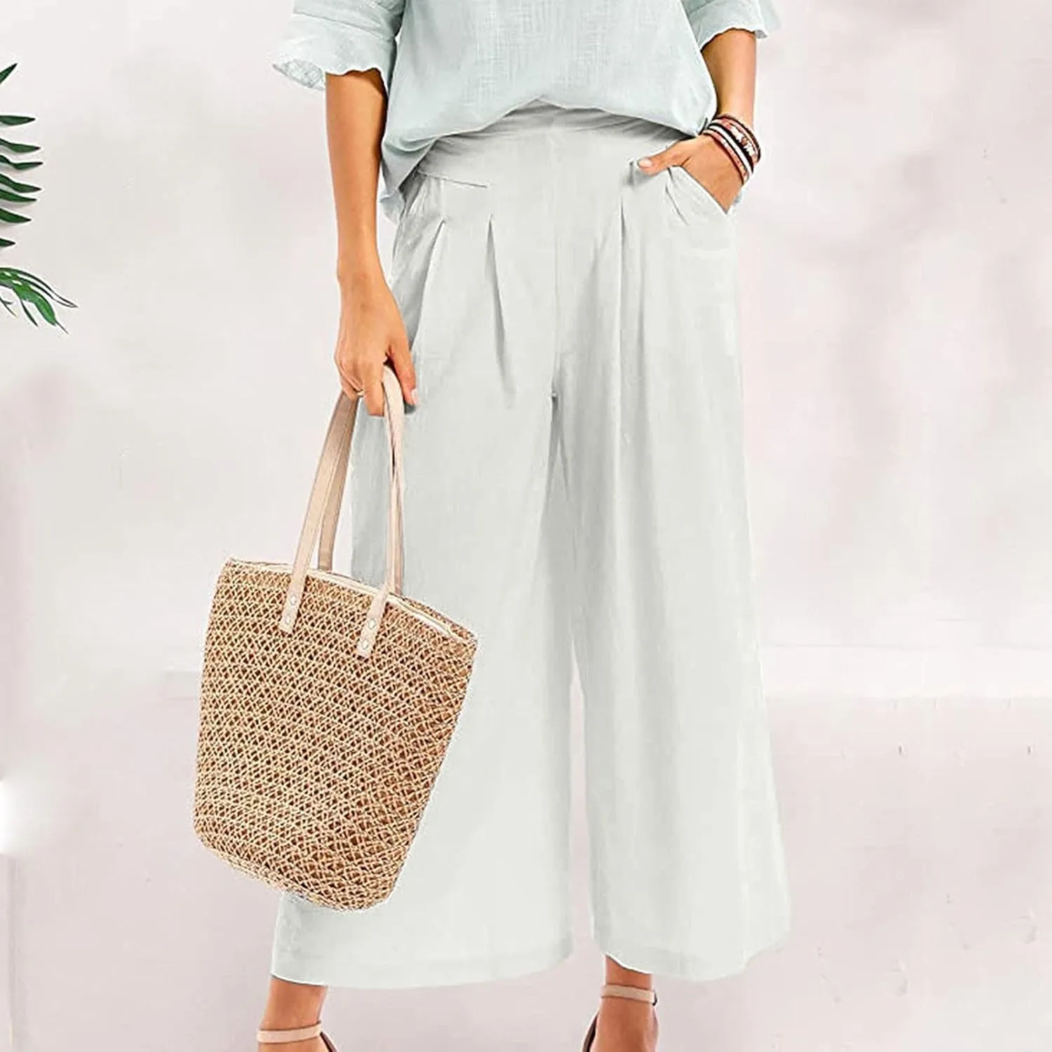Women's Culottes Linen Blend Wide Leg Pants Elastic Waist Casual Palazzo Pants Soft Lounge Beach Trousers with Pocket