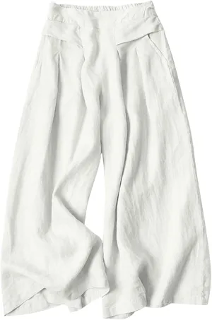 Women's Culottes Linen Blend Wide Leg Pants Elastic Waist Casual Palazzo Pants Soft Lounge Beach Trousers with Pocket