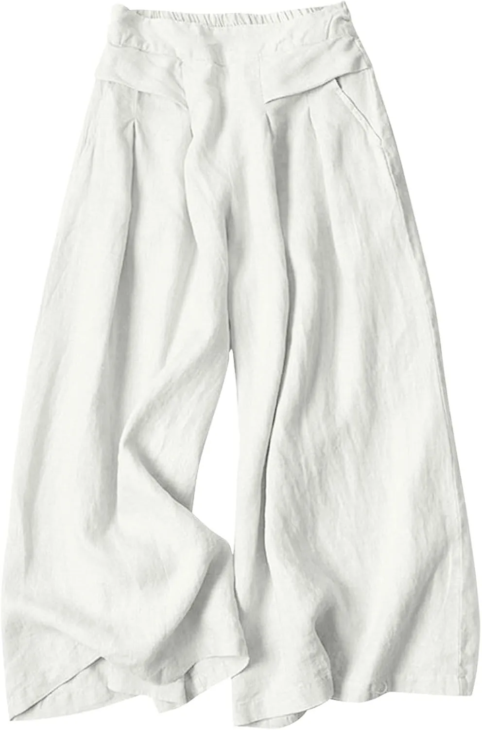 Women's Culottes Linen Blend Wide Leg Pants Elastic Waist Casual Palazzo Pants Soft Lounge Beach Trousers with Pocket