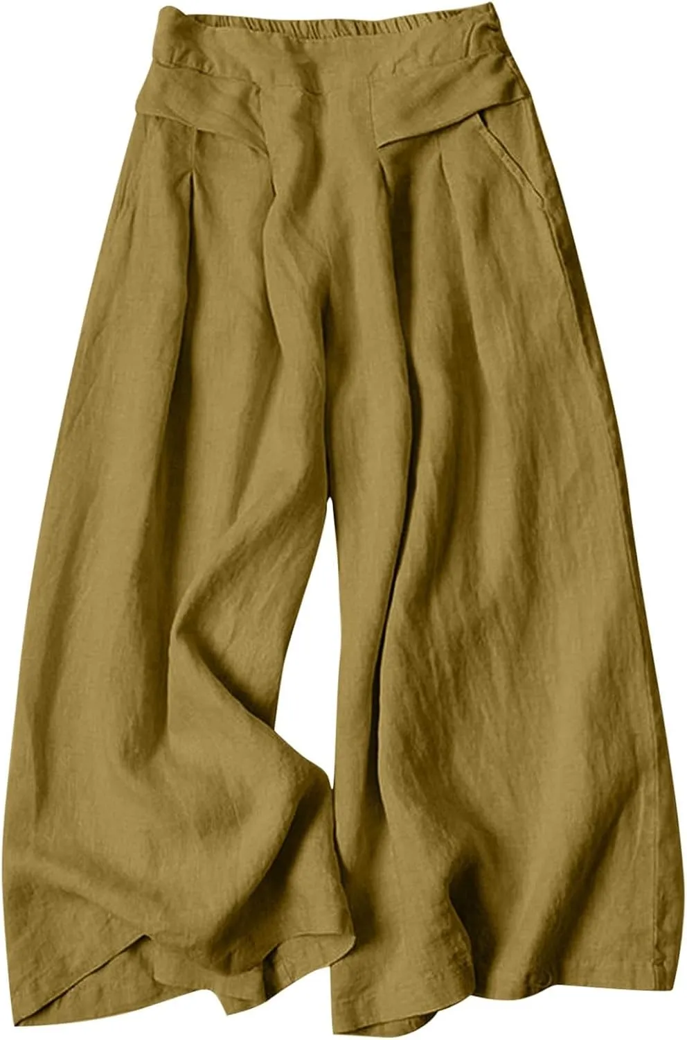 Women's Culottes Linen Blend Wide Leg Pants Elastic Waist Casual Palazzo Pants Soft Lounge Beach Trousers with Pocket