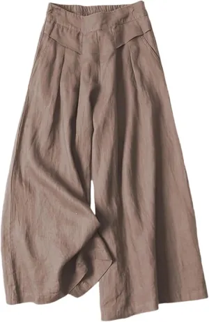 Women's Culottes Linen Wide Leg Pants Flowy Loose Cropped Pants Elastic Waist Palazzo Beach Pant Summer Casual Trouser