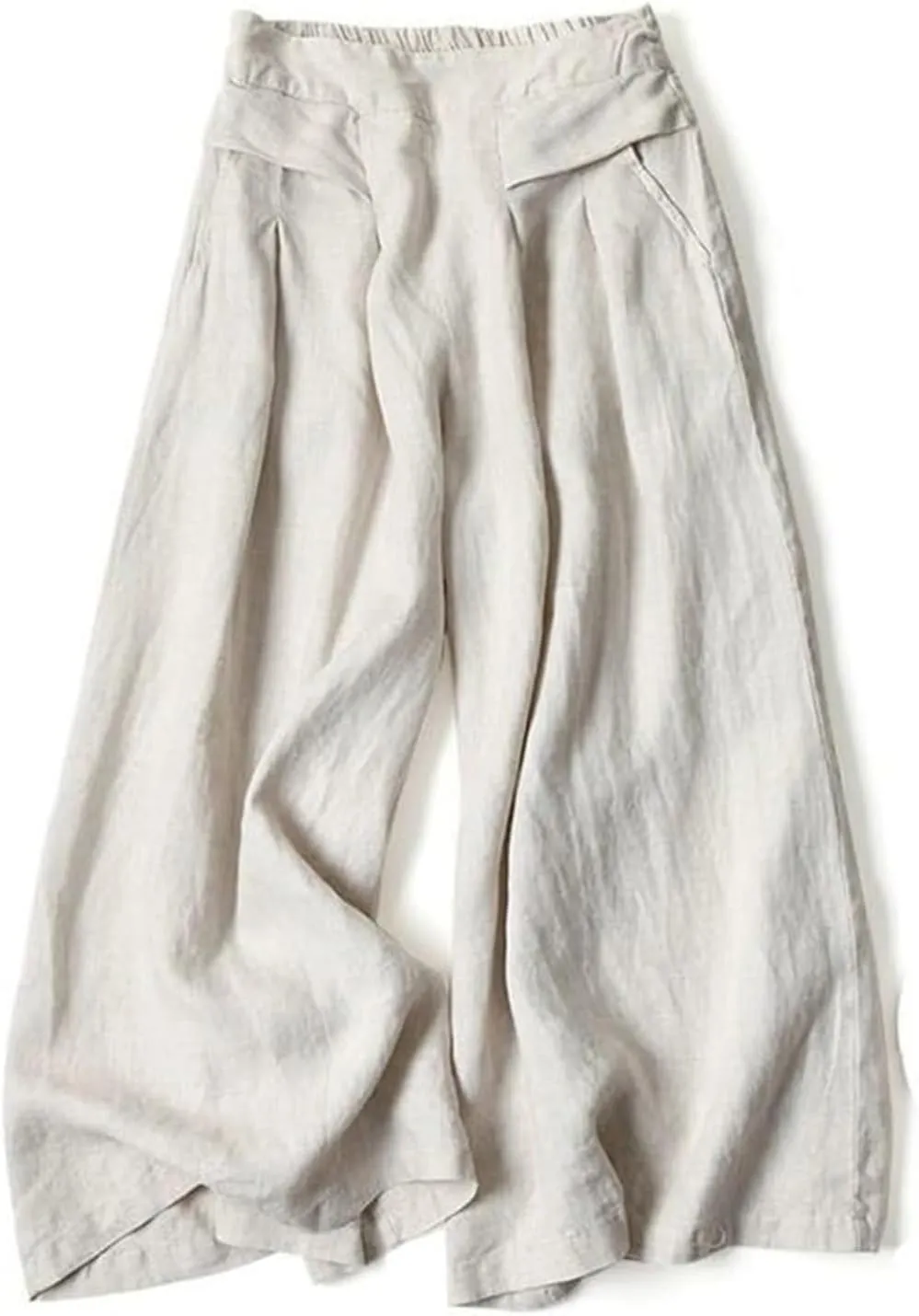 Women's Culottes Linen Wide Leg Pants Flowy Loose Cropped Pants Elastic Waist Palazzo Beach Pant Summer Casual Trouser