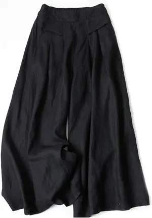 Women's Culottes Linen Wide Leg Pants Flowy Loose Cropped Pants Elastic Waist Palazzo Beach Pant Summer Casual Trouser