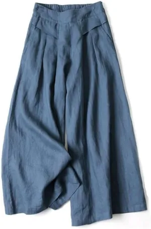 Women's Culottes Linen Wide Leg Pants Flowy Loose Cropped Pants Elastic Waist Palazzo Beach Pant Summer Casual Trouser