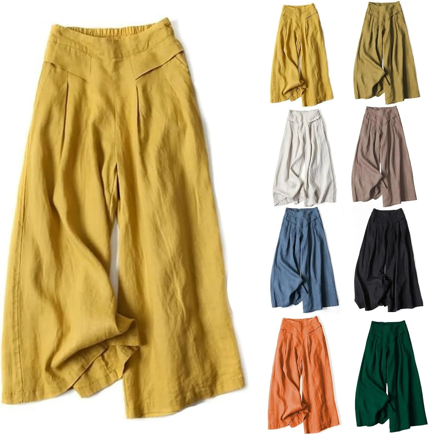 Women's Culottes Linen Wide Leg Pants Flowy Loose Cropped Pants Elastic Waist Palazzo Beach Pant Summer Casual Trouser