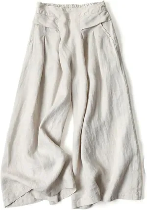 Women's Culottes Linen Wide Leg Pants Flowy Loose Cropped Pants Elastic Waist Palazzo Beach Pant Summer Casual Trouser