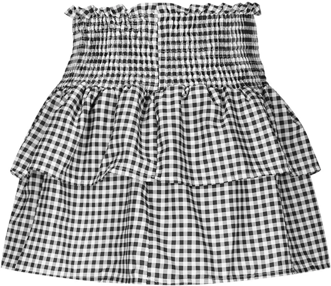 Women's Cute Layered High Waist Lined Plaid Ruffle Pleated Tiered A-Line Flared Flowy Swing Beach Mini Culottes Skirt