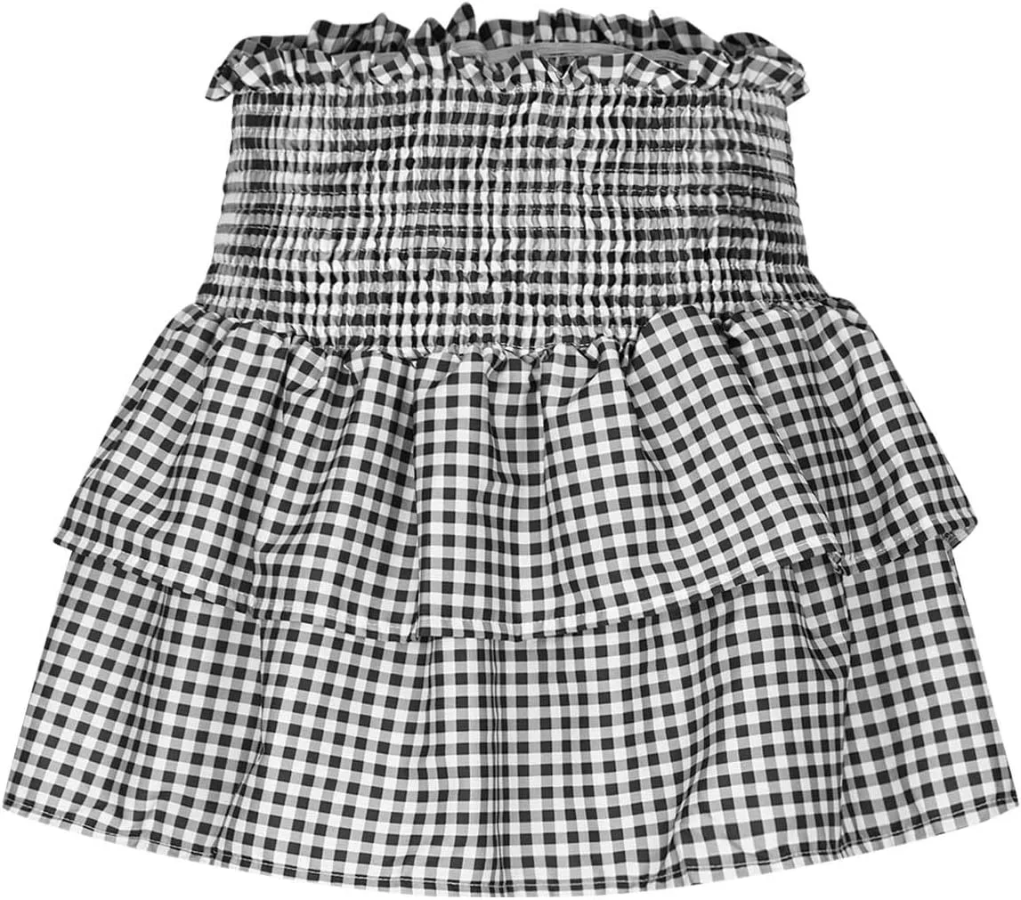 Women's Cute Layered High Waist Lined Plaid Ruffle Pleated Tiered A-Line Flared Flowy Swing Beach Mini Culottes Skirt