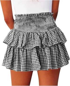 Women's Cute Layered High Waist Lined Plaid Ruffle Pleated Tiered A-Line Flared Flowy Swing Beach Mini Culottes Skirt