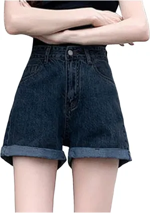 Womens Denim Jean Shorts High Waisted Trendy Summer Wide Leg Stretchy Baggy Folded Hem Y2k Girls Hot Shorts Pants