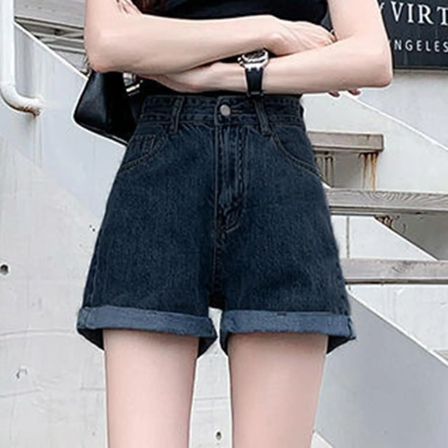 Womens Denim Jean Shorts High Waisted Trendy Summer Wide Leg Stretchy Baggy Folded Hem Y2k Girls Hot Shorts Pants