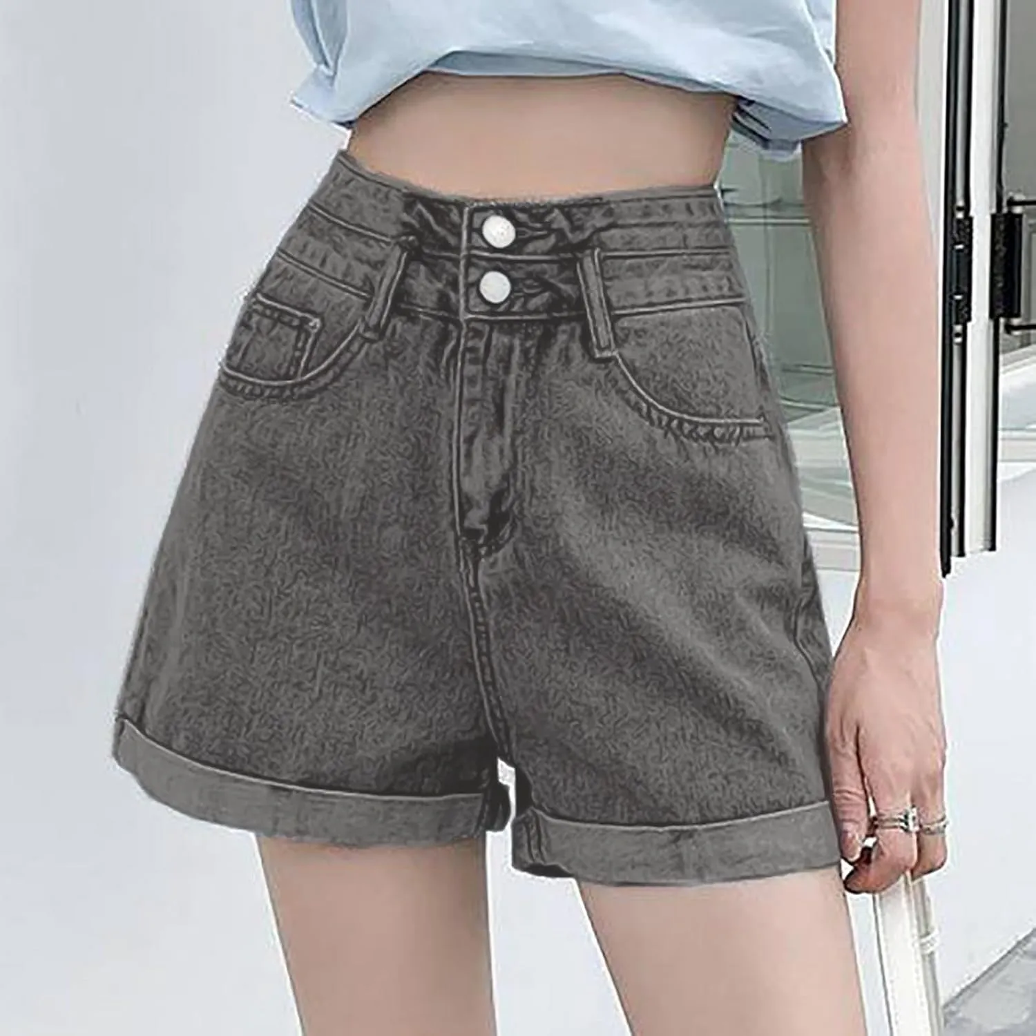Women's Denim Shorts High Waisted Casual Stretchy Trendy Summer Y2k Baggy Girls Wide Leg Folded Hem Slim Jean Shorts