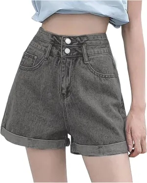 Women's Denim Shorts High Waisted Casual Stretchy Trendy Summer Y2k Baggy Girls Wide Leg Folded Hem Slim Jean Shorts