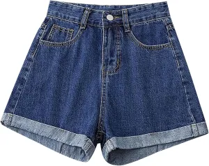 Womens Denim Shorts High Waisted Stretchy Cuffed Jean Shorts Casual Rolled Cuff Cut Off Jeans Short Summer Beach Pants