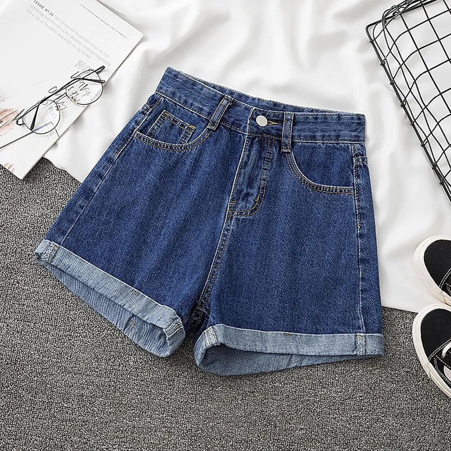 Womens Denim Shorts High Waisted Stretchy Cuffed Jean Shorts Casual Rolled Cuff Cut Off Jeans Short Summer Beach Pants