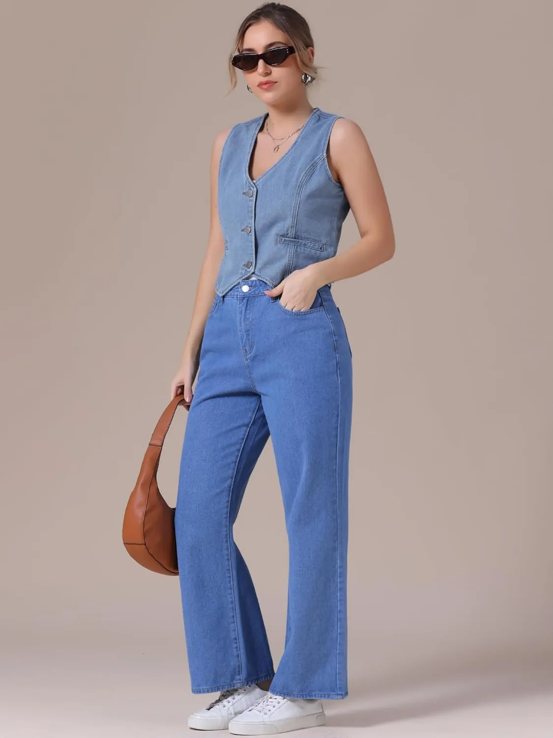 Women's Denim Vest V Neck Button Down Sleeveless Waistcoat Vest Top Western Outfits Casual Jean Vests