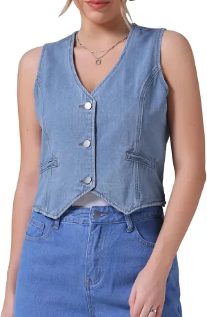 Women's Denim Vest V Neck Button Down Sleeveless Waistcoat Vest Top Western Outfits Casual Jean Vests