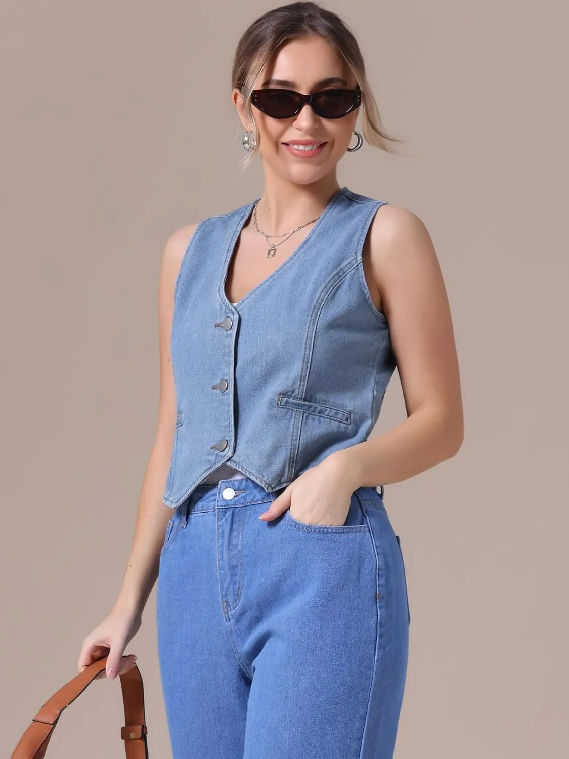 Women's Denim Vest V Neck Button Down Sleeveless Waistcoat Vest Top Western Outfits Casual Jean Vests