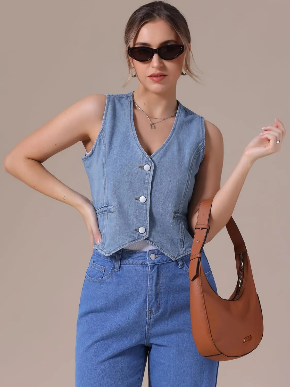 Women's Denim Vest V Neck Button Down Sleeveless Waistcoat Vest Top Western Outfits Casual Jean Vests
