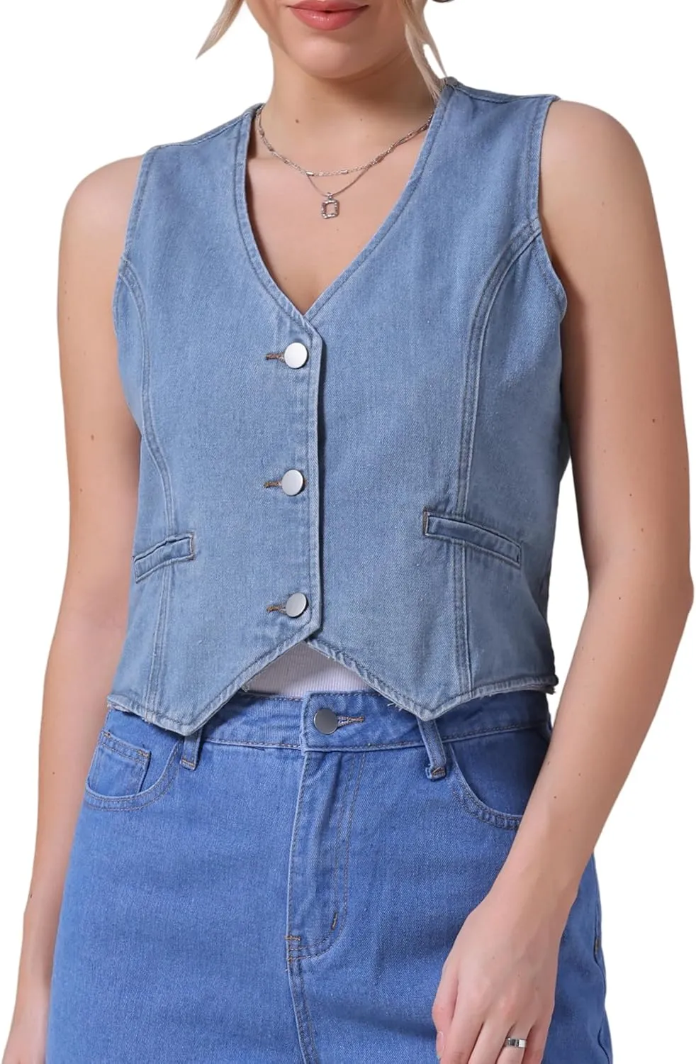 Women's Denim Vest V Neck Button Down Sleeveless Waistcoat Vest Top Western Outfits Casual Jean Vests