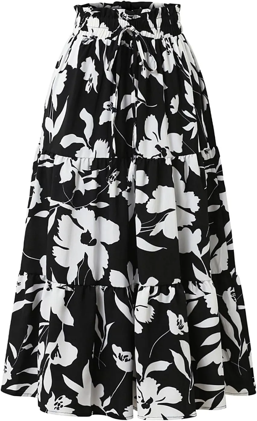 Women's Elastic High Waist Floral Print Tie Knot Pleated Flared Boho A-Line Midi Skirts, S-XL