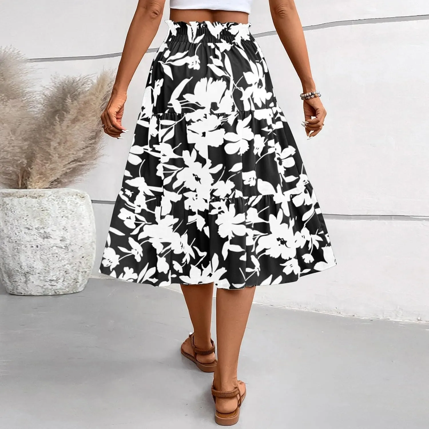 Women's Elastic High Waist Floral Print Tie Knot Pleated Flared Boho A-Line Midi Skirts, S-XL