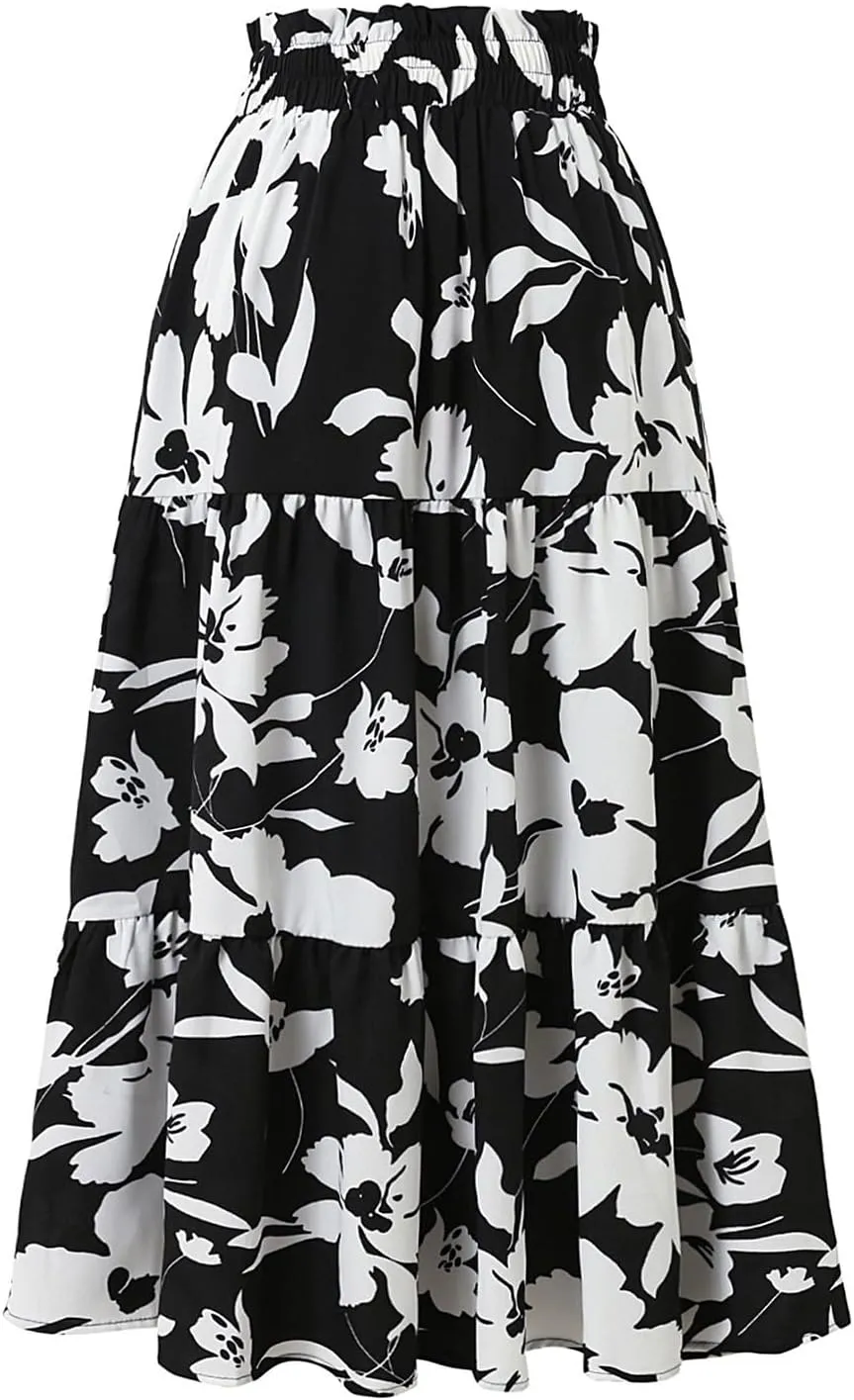 Women's Elastic High Waist Floral Print Tie Knot Pleated Flared Boho A-Line Midi Skirts, S-XL