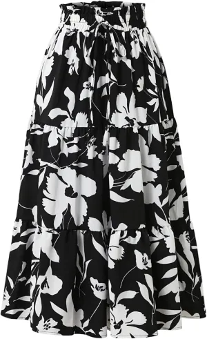 Women's Elastic High Waist Floral Print Tie Knot Pleated Flared Boho A-Line Midi Skirts, S-XL