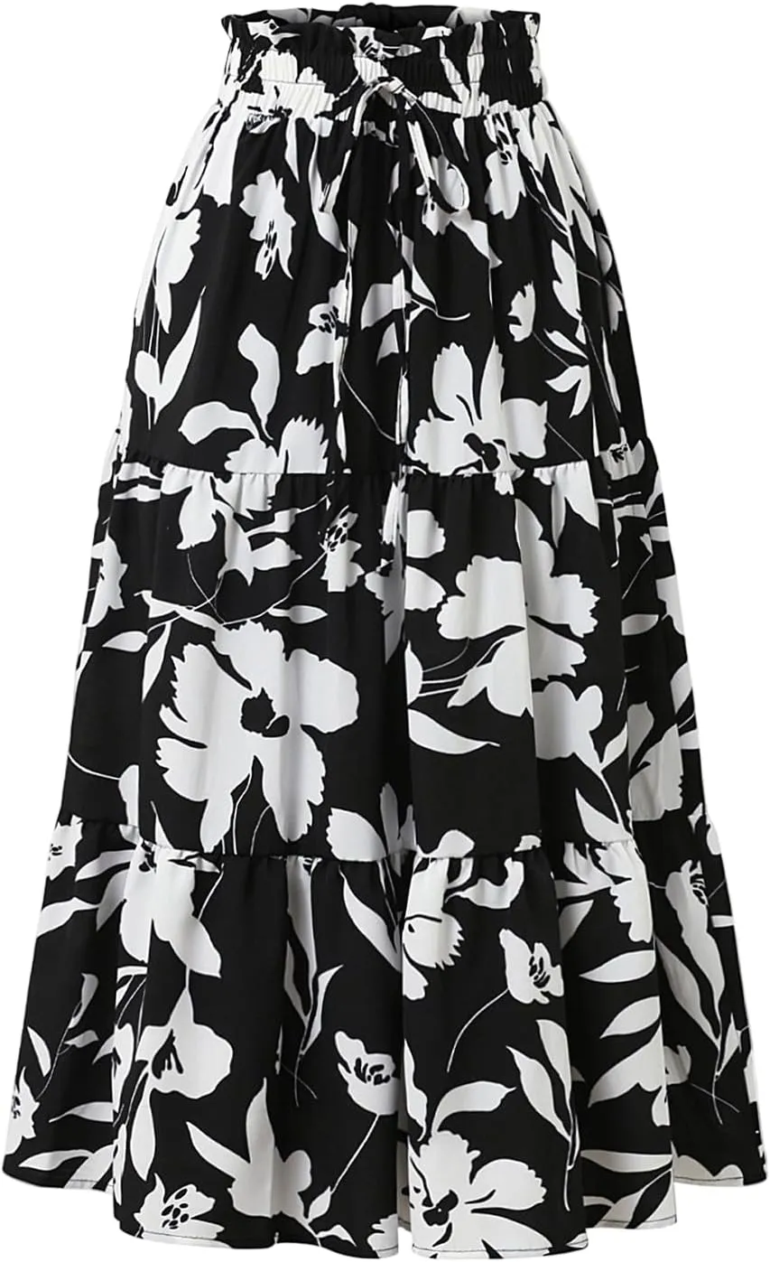 Women's Elastic High Waist Floral Print Tie Knot Pleated Flared Boho A-Line Midi Skirts, S-XL