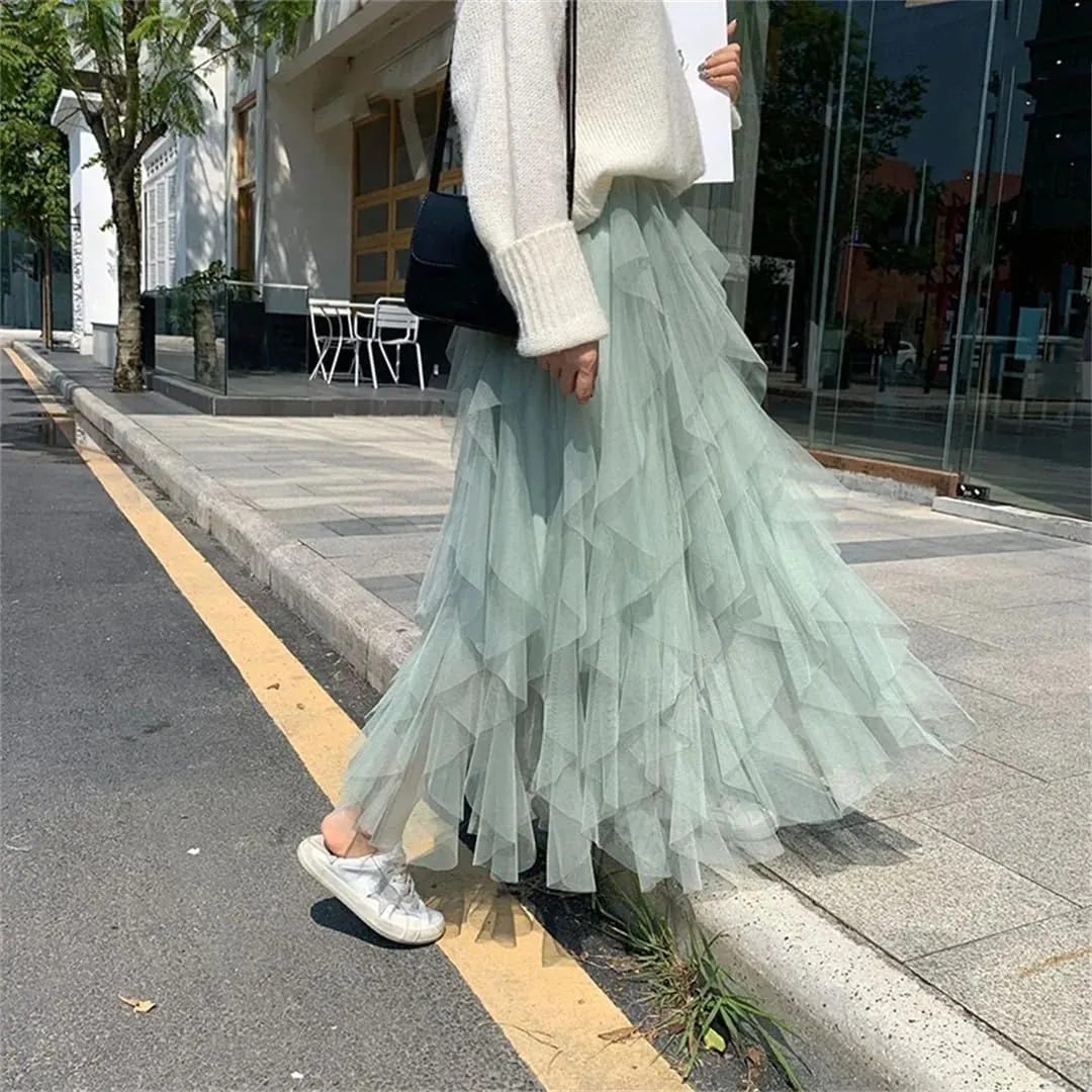 Womens Elastic High Waist Tulle Mesh Irregular Skirt Summer Girls Party Kid Girl Pleated Long Midi Skirts