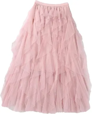 Womens Elastic High Waist Tulle Mesh Irregular Skirt Summer Girls Party Kid Girl Pleated Long Midi Skirts