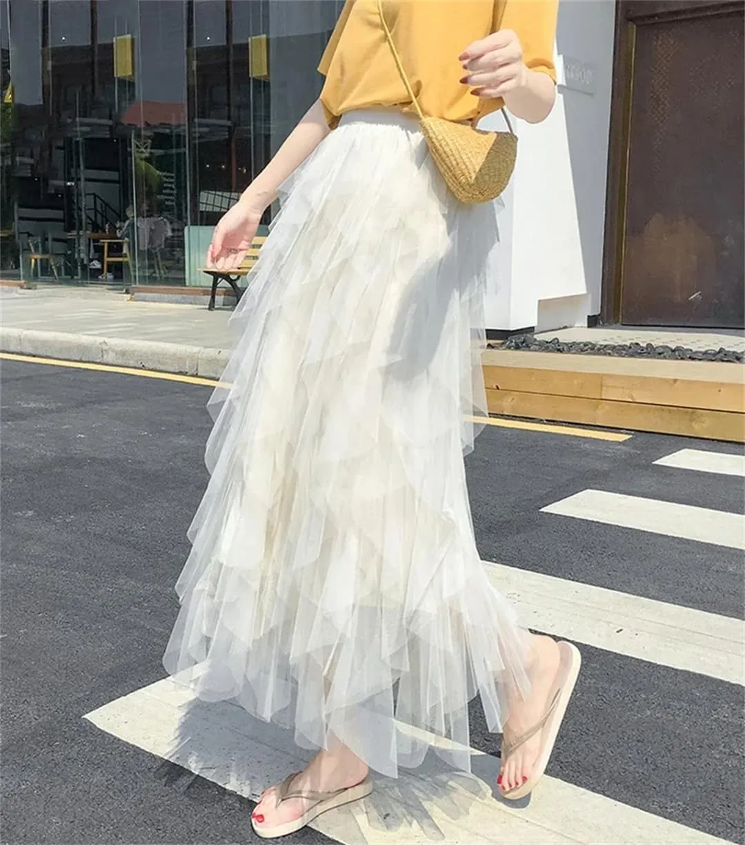 Womens Elastic High Waist Tulle Mesh Irregular Skirt Summer Girls Party Kid Girl Pleated Long Midi Skirts