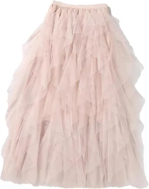 Womens Elastic High Waist Tulle Mesh Irregular Skirt Summer Girls Party Kid Girl Pleated Long Midi Skirts