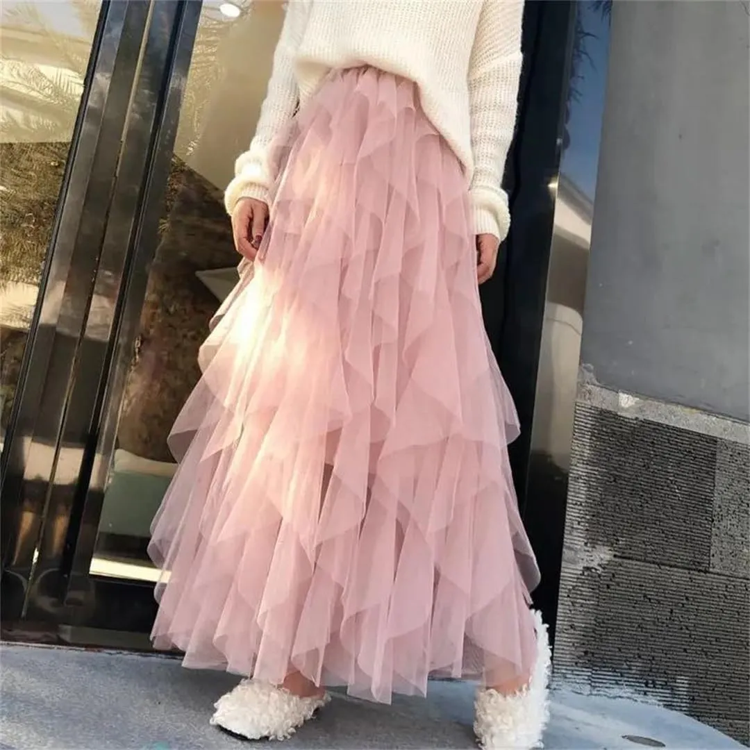 Womens Elastic High Waist Tulle Mesh Irregular Skirt Summer Girls Party Kid Girl Pleated Long Midi Skirts