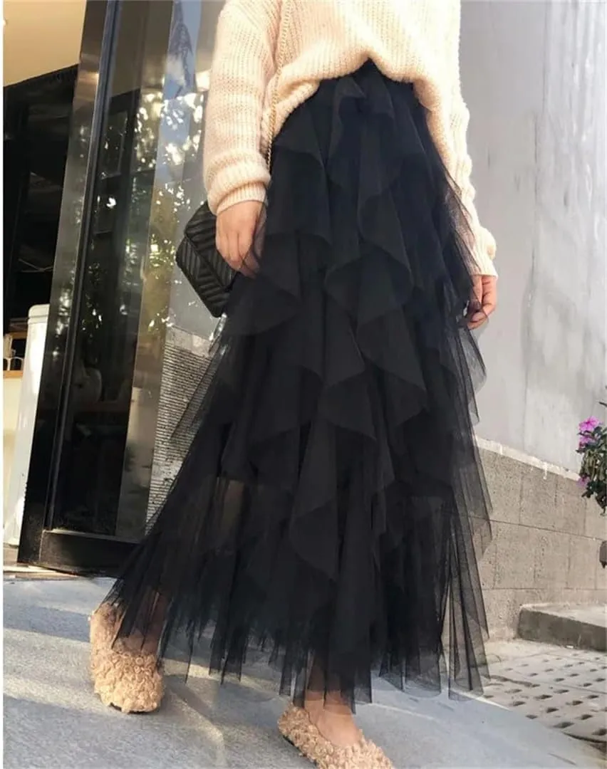 Womens Elastic High Waist Tulle Mesh Irregular Skirt Summer Girls Party Kid Girl Pleated Long Midi Skirts