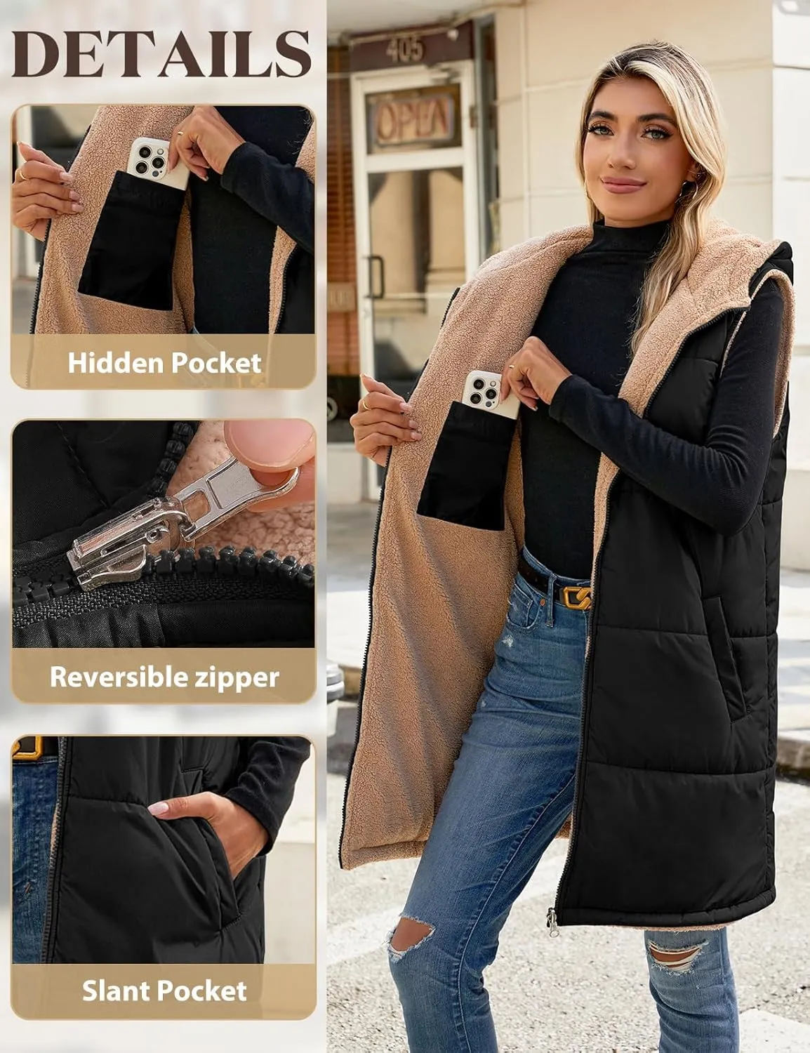 Womens Fall Reversible Vests Sleeveless Fleece Hoodie Jacket Zip Up Winter Warm Hooded Long Coat Outerwear with Pockets