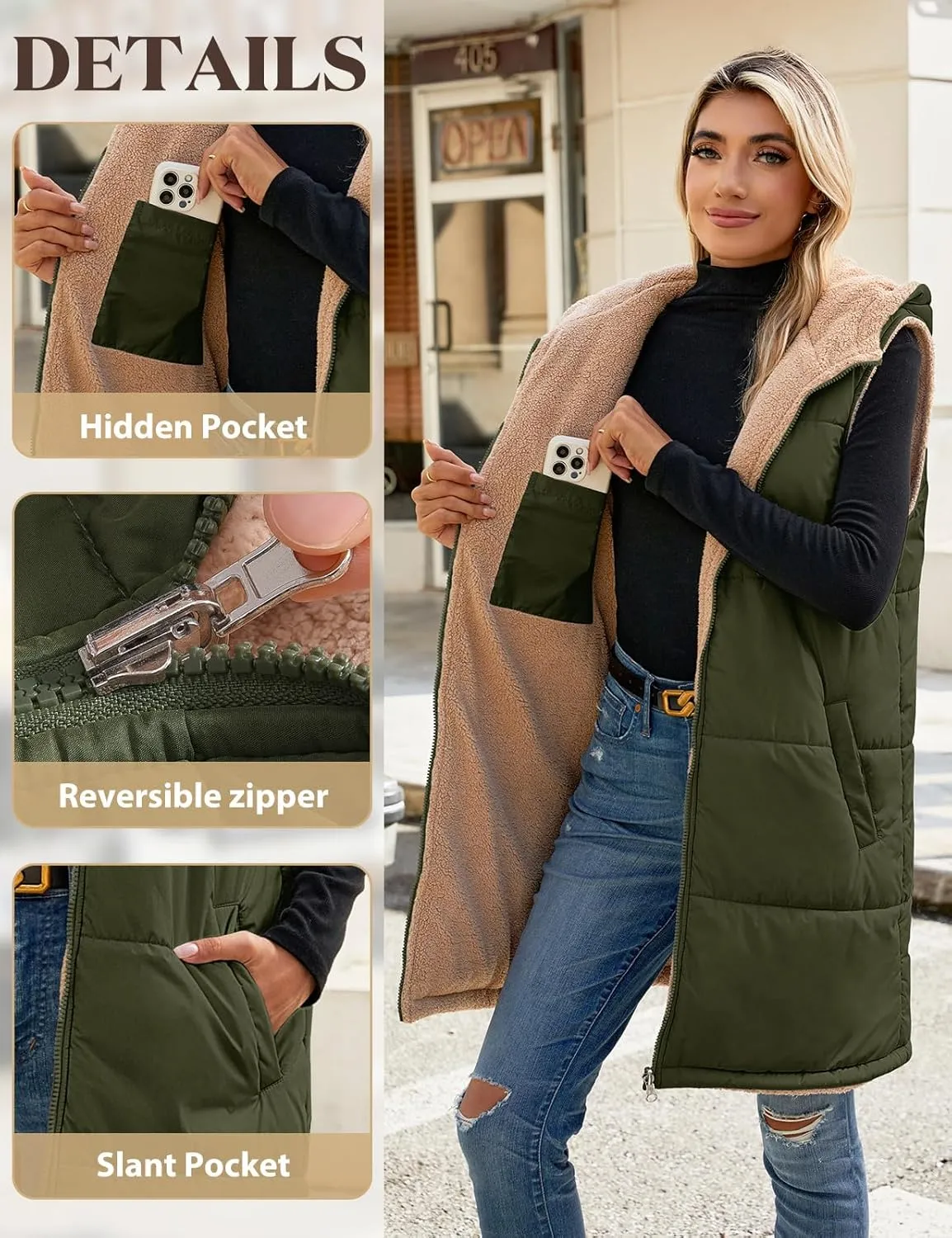 Womens Fall Reversible Vests Sleeveless Fleece Hoodie Jacket Zip Up Winter Warm Hooded Long Coat Outerwear with Pockets