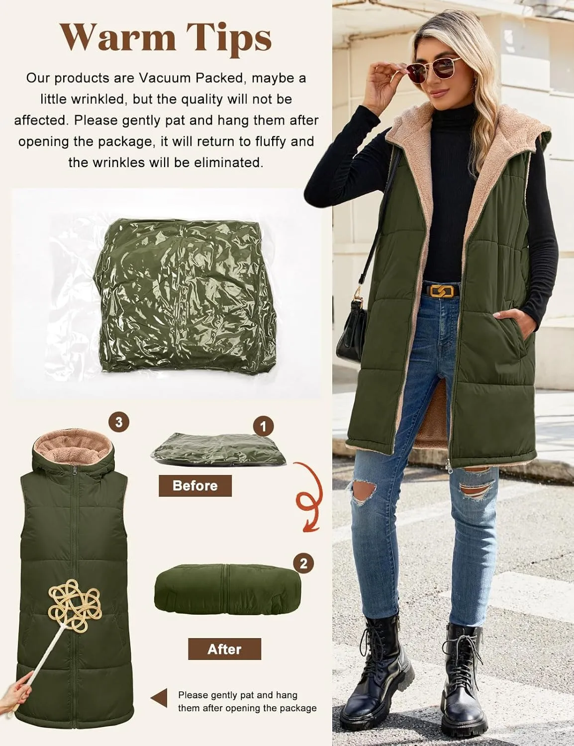 Womens Fall Reversible Vests Sleeveless Fleece Hoodie Jacket Zip Up Winter Warm Hooded Long Coat Outerwear with Pockets