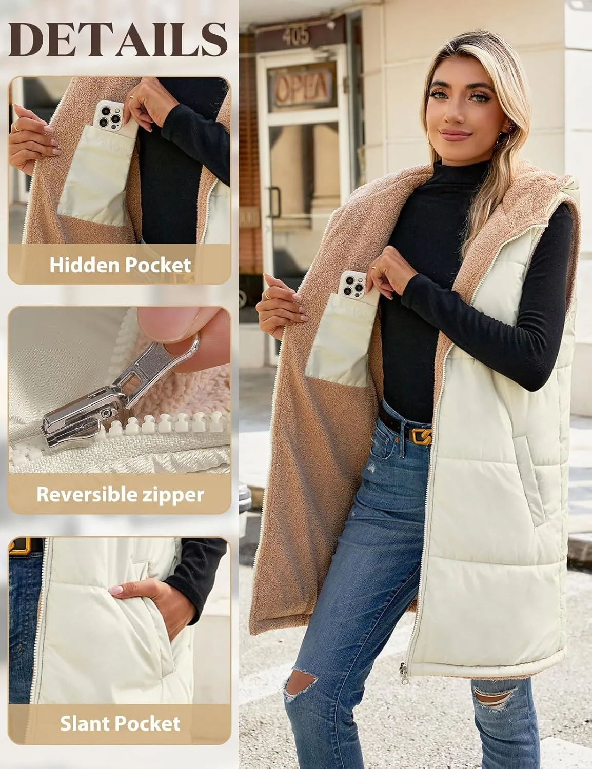 Womens Fall Reversible Vests Sleeveless Fleece Hoodie Jacket Zip Up Winter Warm Hooded Long Coat Outerwear with Pockets