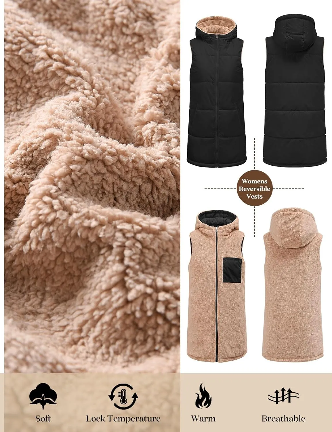 Womens Fall Reversible Vests Sleeveless Fleece Hoodie Jacket Zip Up Winter Warm Hooded Long Coat Outerwear with Pockets