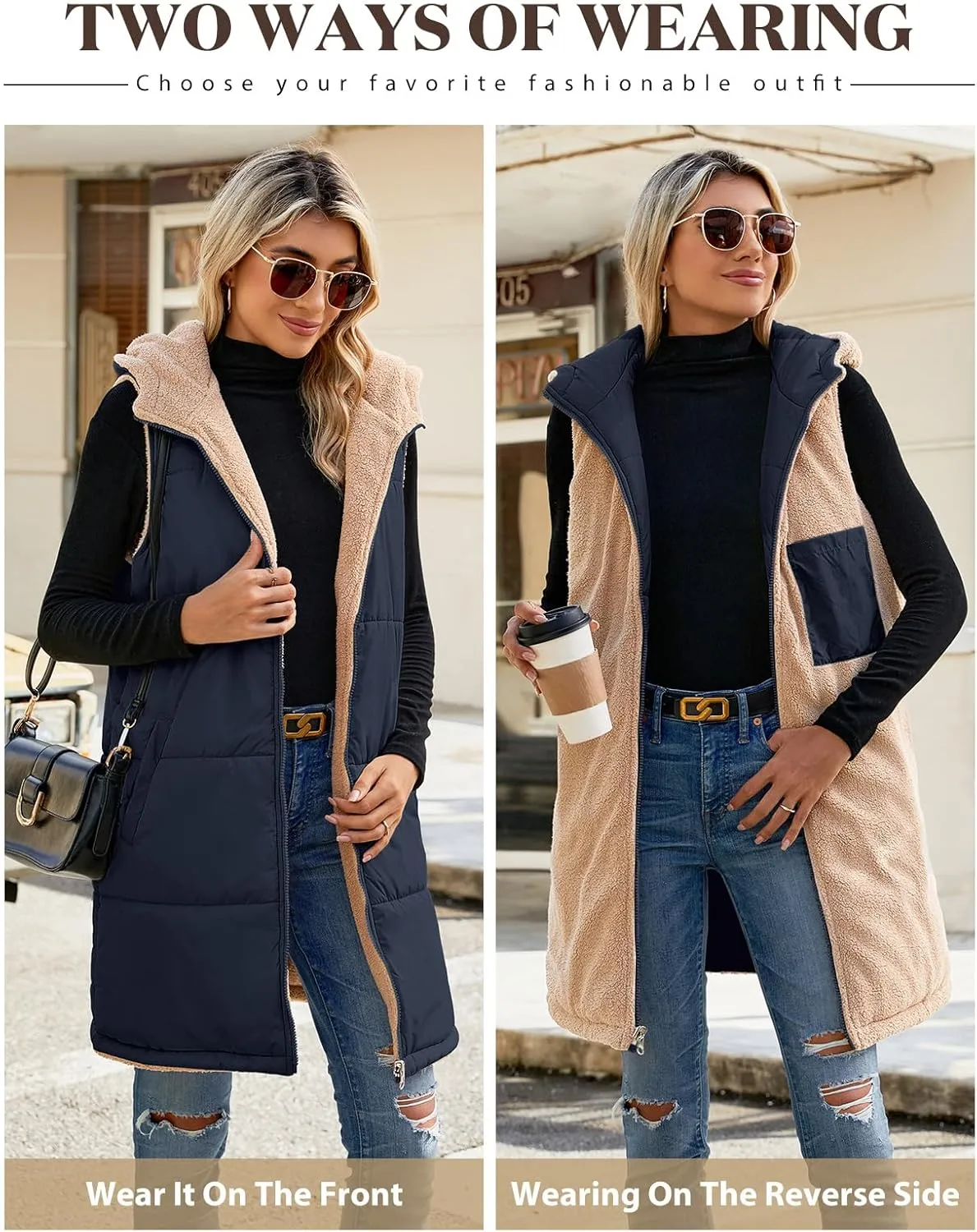 Womens Fall Reversible Vests Sleeveless Fleece Hoodie Jacket Zip Up Winter Warm Hooded Long Coat Outerwear with Pockets