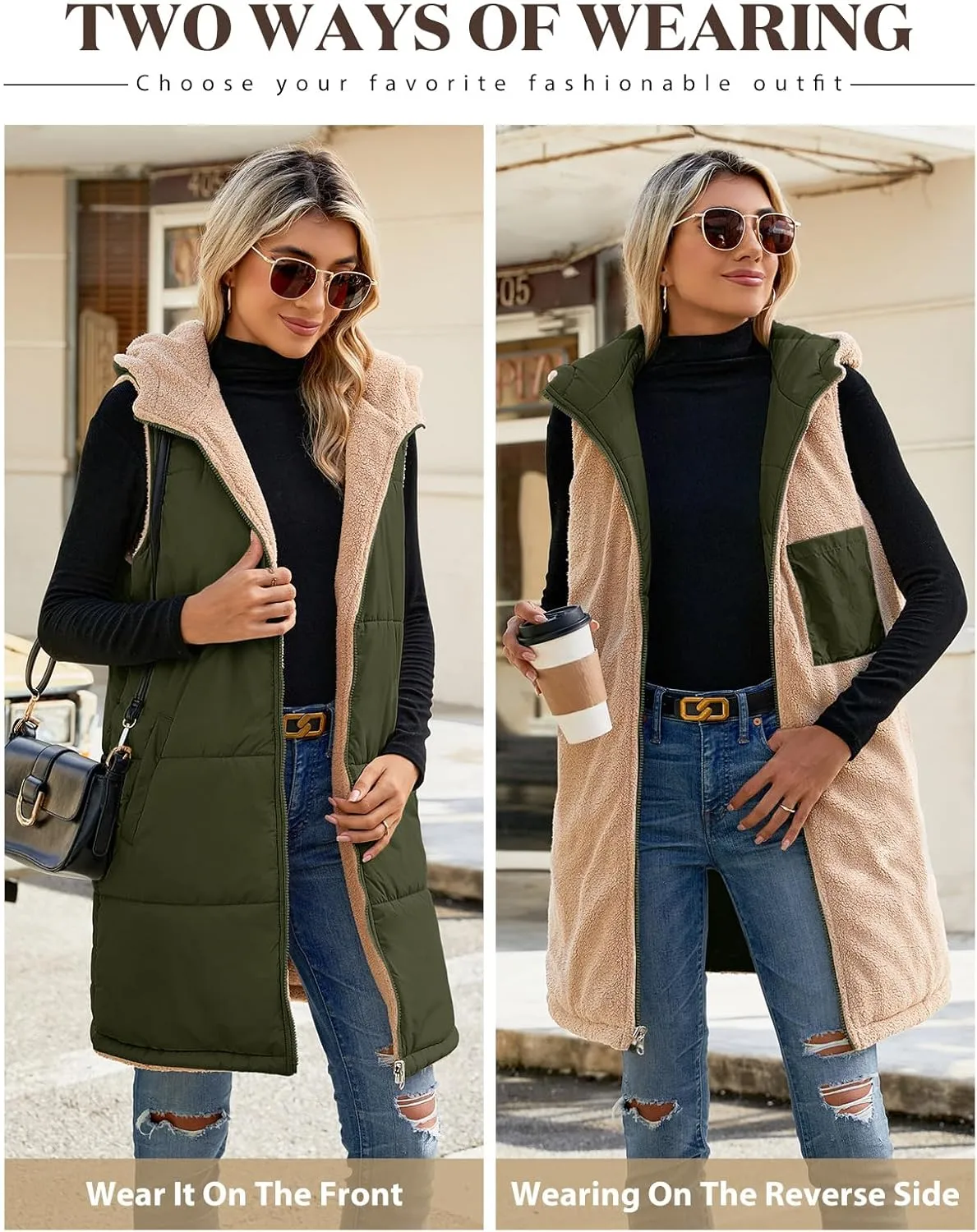 Womens Fall Reversible Vests Sleeveless Fleece Hoodie Jacket Zip Up Winter Warm Hooded Long Coat Outerwear with Pockets
